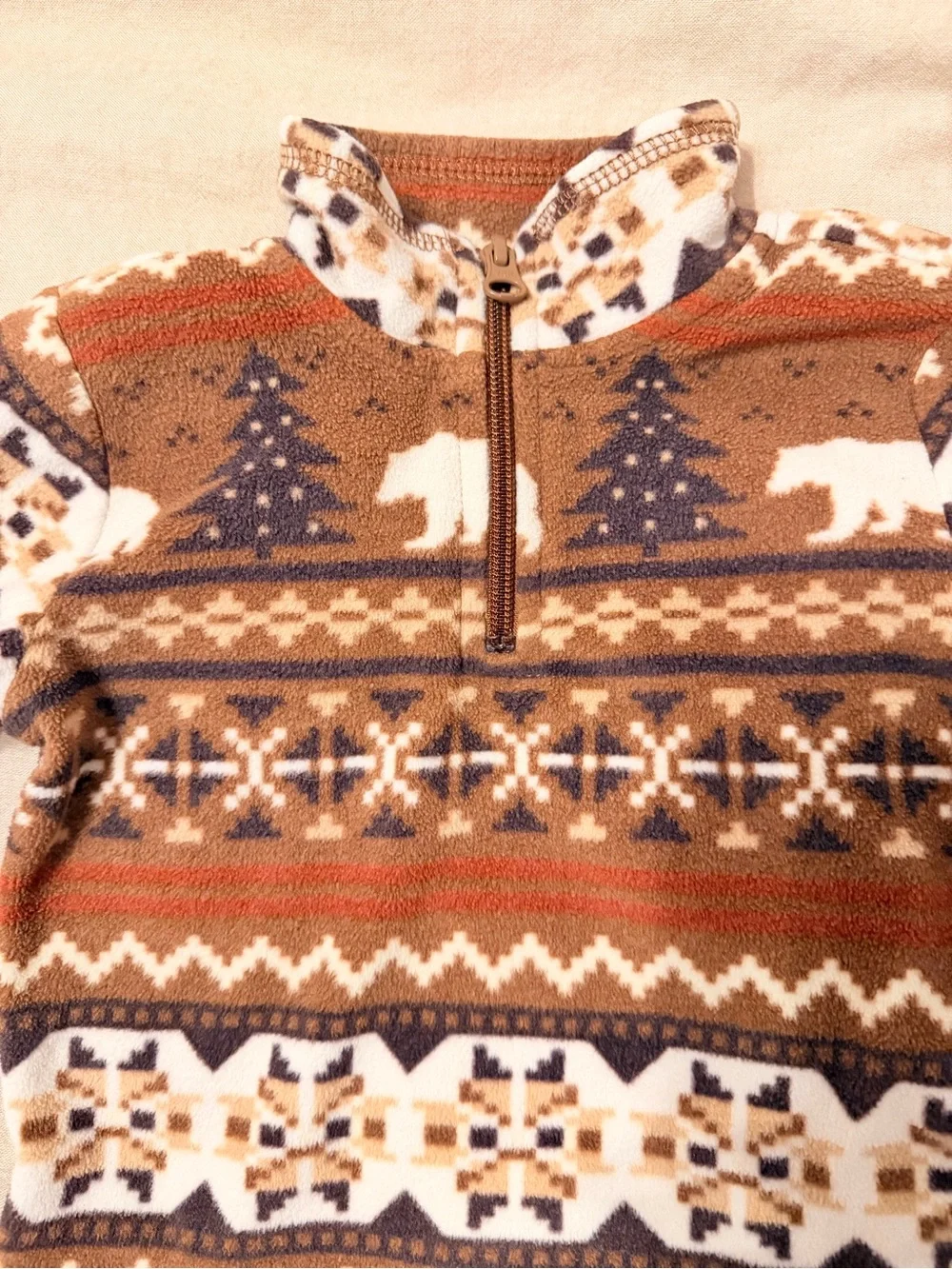 Kids Brown Polar Bear Fair Isle Quarter‑Zip Pullover